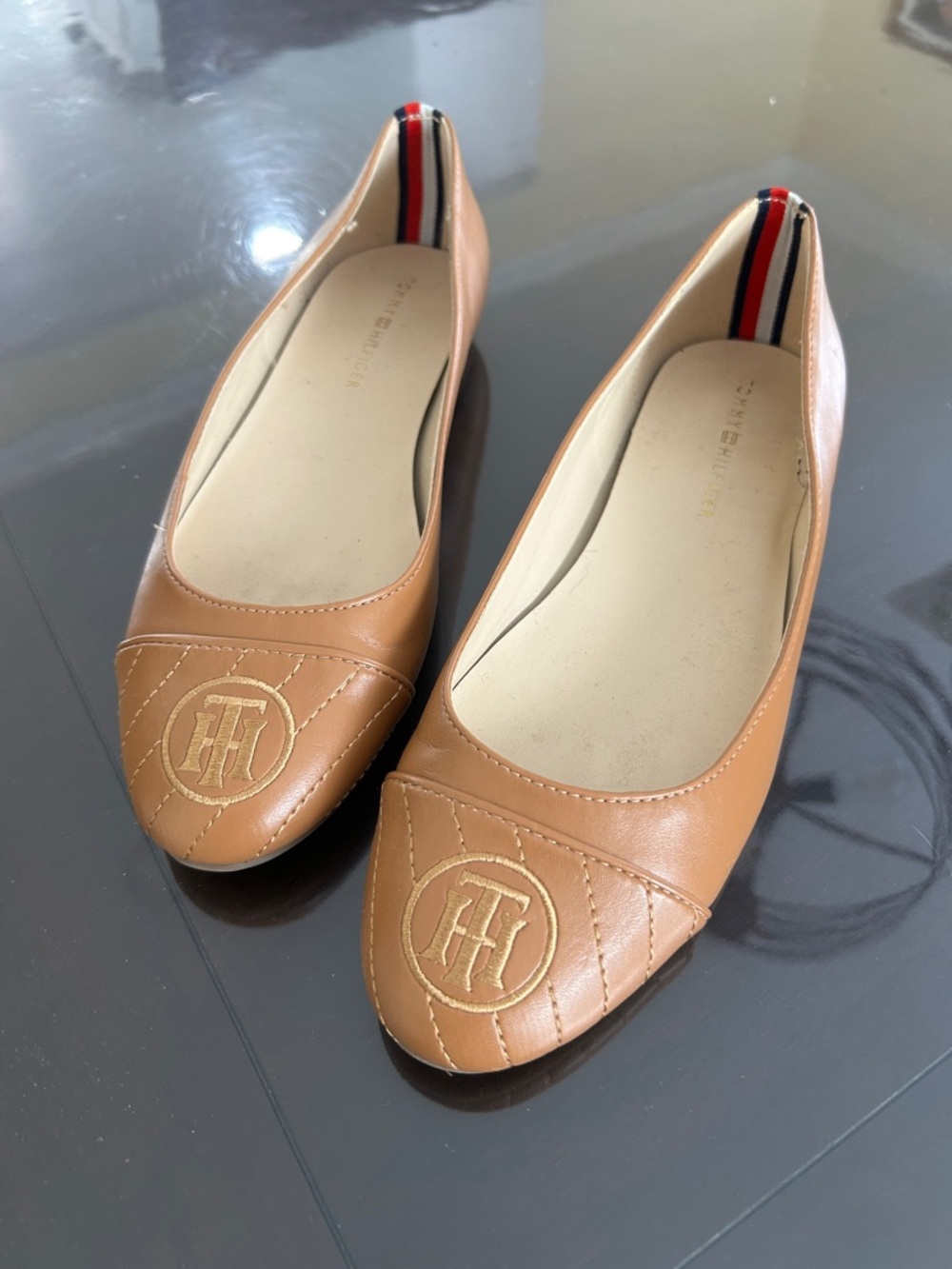 Tommy Hilfiger Cognac Leather Quilted Logo Ballet Flats